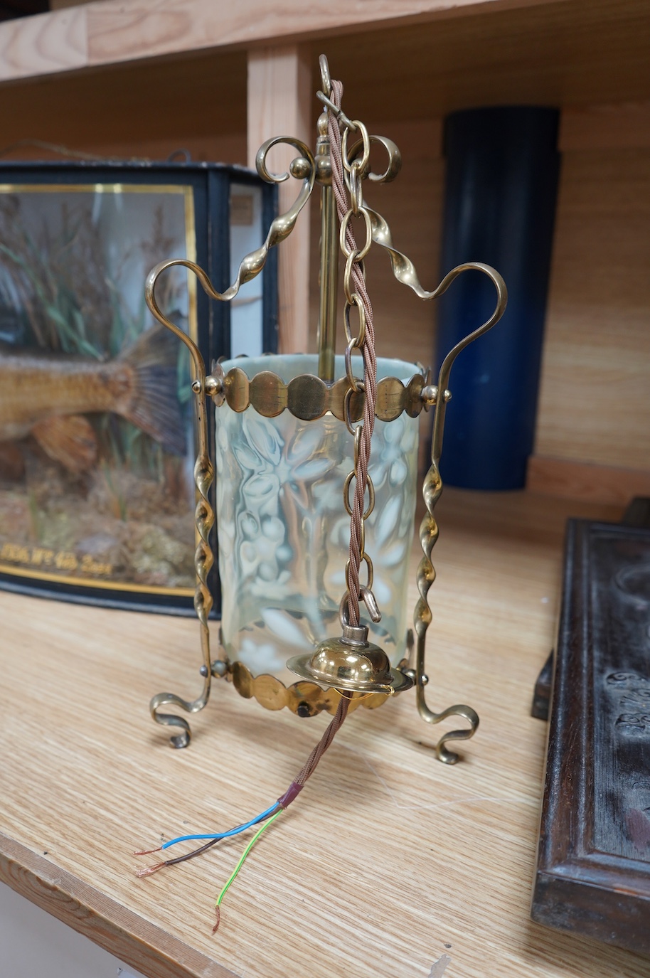 An English Arts and Crafts brass lantern with Vaseline cylinder shade decorated with flowers, including chain and ceiling rose, c.1900-1920's, wired, lantern 37cm high, shade 18cm high, 11.5cm diameter. Condition - fair